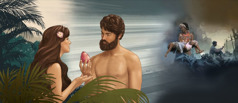 夏娃給亞當辨識善惡樹的果子；他們不服從上帝導致悲慘的後果