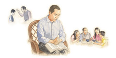En mann følger bibelske prinsipper og ber til Jehova, noe som bidrar til fred i familien