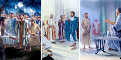 يسوع واقف امام بنطيوس بيلاطس؛‏ يسوع يمسك عملة تُدفع بها الضريبة؛‏ يسوع يوبِّخ بطرس لأنه قطع اذن ملخس