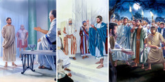 Jesus står inför Pontius Pilatus; Jesus håller upp ett skattemynt; Jesus tillrättavisar Petrus för att han huggit av Malkos öra.