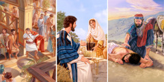 السامري الصالح يقترب من يهودي جريح؛‏ يسوع يتحدث مع امرأة سامرية عند بئر؛‏ بطرس يدخل بيت كرنيليوس
