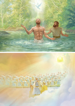 After Jesus’ baptism, Jesus and John the Baptist see the holy spirit in the form of a dove and hear Jehovah’s words; Jesus on his heavenly throne