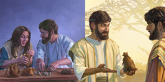 Ananias ja Safira laskevat rahansa; Ananias tuo osan rahoista apostoli Pietarille