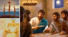 عیسی هنگام پایه‌گذاری مراسم یادبود،‏ نان را به شاگردانش می‌دهد،‏ جانش را برای ما می‌دهد و در آسمان بر ما پادشاهی می‌کند