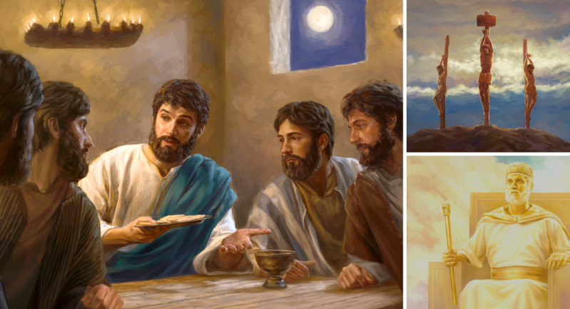 Isus dându-le discipolilor pâinea la Cina Domnului, jertfindu-și viața pe stâlpul de tortură și domnind în cer
