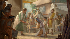 Elders at the city gate in ancient Israel lovingly help a widow and her child who have been mistreated by a local merchant