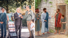 يسوع يبشِّر ابًا وابنه؛‏ اخ كبير في العمر يبشِّر ابًا وابنه في الشهادة العلنية