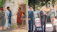 Jésus prêche à un homme et à son fils ; un frère âgé à côté d’un présentoir prêche à un homme et à son fils