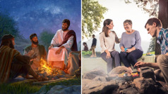 Jėzus bendrauja su mokiniais prie laužo; dvi sesės prie laužo bendrauja, brolis ant ugnies ruošia valgį