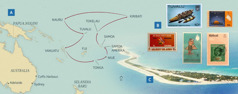 Peta perdalanen Winston ras Pam sanga ngelayani jadi pertua keliling; prangko arah piga-piga pulau; pulau Funafuti i Tuvalu
