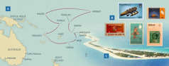 Mapa, na které jsou zachyceny cesty Paynových v krajské službě; poštovní známky z některých ostrovů; ostrov Funafuti ve státě Tuvalu