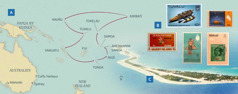 Et kort over ægteparret Paynes rejser i kredstjenesten; frimærker fra nogle af øerne; øen Funafuti i Tuvalu