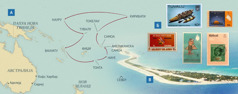 Карта на која се прикажани патувања на Винстон и Памела во покраинското дело; поштенски марки од некои од островите; островот Фунафути во Тувалу