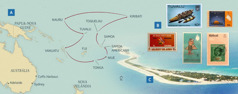 Um mapa dos lugares por onde o casal Payne passou no serviço de circuito; selos de algumas das ilhas; a ilha de Funafuti, Tuvalu