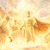 Jesus som mäktig kung och anförare för en armé av änglar i himlen.