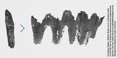 కాలిపోయిన ఏన్గెదీ గ్రంథపు చుట్టలోని భాగం; దానిలో ఏముందో టెక్నాలజీ సహాయంతో తెలుసుకోగలిగారు