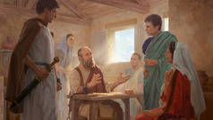 पौलुस रोम में एक घर में कैद है; इस दौरान वह एक सैनिक और उससे मिलने आए लोगों को प्रचार कर रहा है
