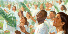 Egy nagy sokaság fehér köntösbe öltözve, a kezükben pálmaágakkal