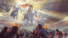 Jesus og hans himmelske hær rir på hvite hester for å tilintetgjøre Guds fiender i Harmageddon-krigen, og en stor skare mennesker overlever