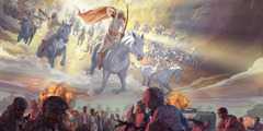 Jesus und sein himmlisches Heer reiten auf weißen Pferden los, um Gottes Feinde in der Schlacht von Armageddon zu vernichten; eine große Volksmenge überlebt