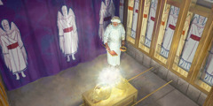 Az engesztelés napján az izraelita főpap belép a szentek szentjébe, kezében füstölőszerrel és tüzes szénnel