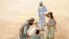 Izraelita s rodinou předává knězi ovci na oběť společenství