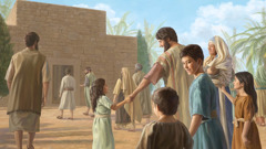 Józef i Maria idą z dziećmi do synagogi w szabat