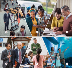 A couple stand beside a public witnessing cart, a sister preaches to a woman, a couple pray together, a brother tries to make peace with another brother, a girl defends her faith in a classroom, and a family admires Jehovah’s handiwork as they look at fish in an aquarium