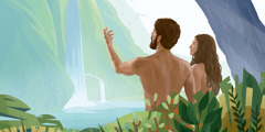 آدم و حوّا در باغ عدن به آبشاری نگاه می‌کنند.‏