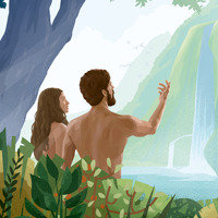 Ο Αδάμ και η Εύα κοιτάζουν έναν καταρράκτη στον κήπο της Εδέμ.