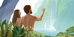 Adán y Eva contemplando una cascada en el jardín de Edén