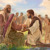 Jésus se tient à genoux devant une femme âgée qu’il est en train de guérir. Des gens de tous les âges viennent vers lui.