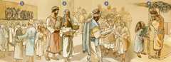 Izraelitët mblidhen për të adhuruar, për të marrë udhëzime e për të festuar festën e Kasolleve gjatë tishrit 455 p.e.s.