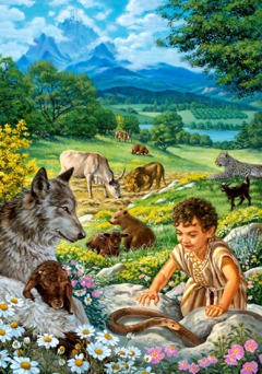 A boy in Paradise plays among wild animals