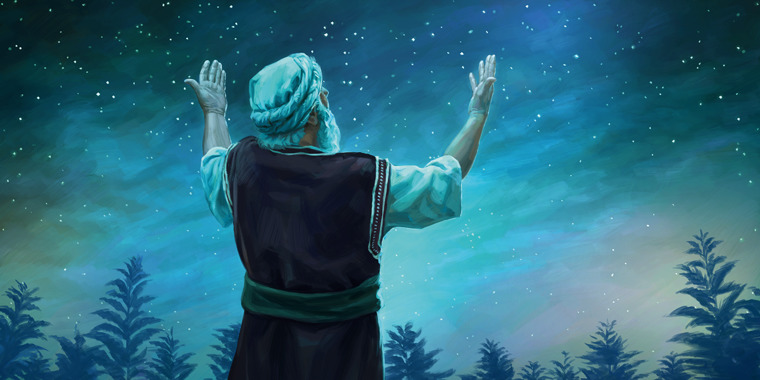 Abraham looking up at the stars while holding up his hands.
