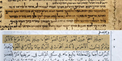 Part of the book of Isaiah from the Dead Sea Scrolls above a modern translation of Isaiah in Arabic.