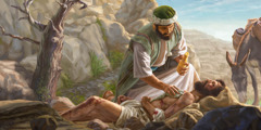 O samaritano da ilustração de Jesus coloca azeite na ferida do homem que foi atacado por ladrões e deixado na beira da estrada.