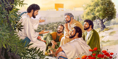 Jesus unterhält sich mit Petrus, Andreas, Jakobus und Johannes
