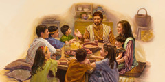 Joseph et Marie profitent des repas pour enseigner Jésus et leurs autres enfants