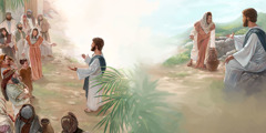 يسوع يتكلم مع امرأة سامرية عند بئر؛‏ المرأة السامرية تخبر الآخرين عن يسوع