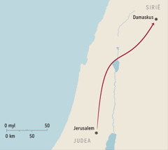 ’n Kaart wat wys waar Damaskus en Jerusalem is