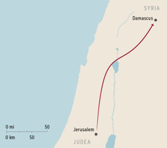 A map showing Damascus and Jerusalem