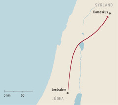 Landakort sem sýnir Damaskus og Jerúsalem