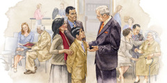 Elders talk with people at the Kingdom Hall