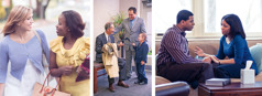 Two sisters of different races work together in field service; a boy and his father greet an older brother in the Kingdom Hall; a husband listens intently to his wife