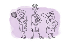 A girl holds a tennis racket, a boy holds a basketball, and another boy holds a baseball bat