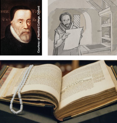 Si William Tyndale; si William Tyndale sa kaniyang palimbagan; isang kopya ng unang edisyon ng New Testament ni Tyndale