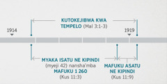 Kusokwelwa 11:1, 2 ukwatañanya bino binkumenkume na kupempulwa ne kutōkejibwa kwa tempelo ya ku mushipiditu itelelwe mu Malaki 3:1-3. Mushinko wa bitatyi bya bupolofeto ulombola: kutōkejibwa kwa tempelo tamba dya ku mfulo kwa 1914 kutūla dya ku ngalwilo kwa 1919; myaka isatu ne kipindi nansha’mba mafuku 1 260, tamba dya ku mfulo kwa 1914 kutūla dya ku ngalwilo kwa 1918; mafuku asatu ne kipindi, tamba dya ku ngalwilo kwa 1918 kutūla dya ku ngalwilo kwa 1919.