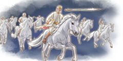 耶穌騎着白馬，口裏伸出一把利劍，跟他一起的天上軍隊也都騎着白馬