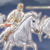 Jesus com seu exército celestial montado em cavalos brancos e uma longa espada saindo da sua boca